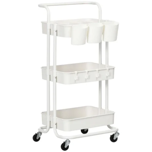 CARRELLO CUCINA MULTIUSO A 3 LIVELLI CON CESTINI E GANCI RIMOVIBILI, RIPIANO CON 12 DIVISORI, BIANCO - MAURY'S