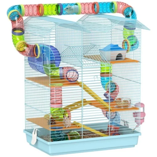 GABBIA PER CRICETI A 5 PIANI CON TUBI COLORATI, RUOTA, CASETTA E ACCESSORI, 47X30X59 CM, AZZURRO - MAURY'S