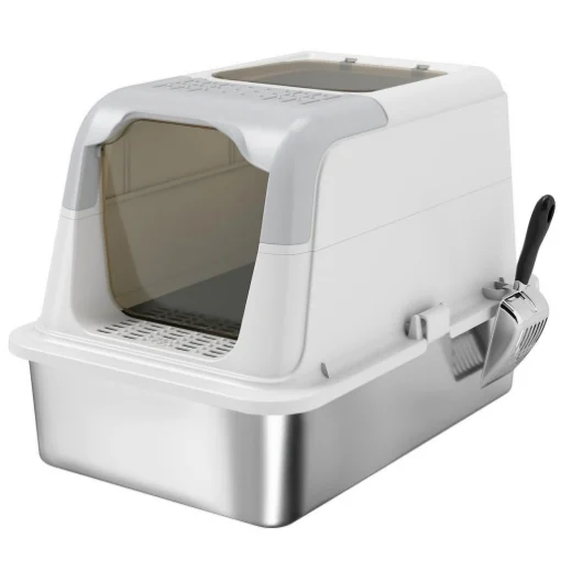 LETTIERA PER GATTI CHIUSA A 2 INGRESSI CON DEODORANTE E PALETTA, 60.4X40.4X41.8 CM, BIANCO E GRIGIO - MAURY'S