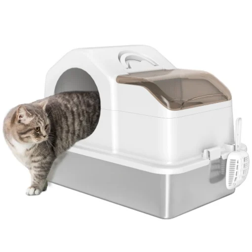 LETTIERA PER GATTI CHIUSA CON 2 TAPPETINI, IN ACCIAIO INOX, ABS E PP, 60.5X40.5X42 CM, BIANCA E ARGENTO - MAURY'S