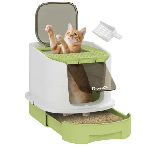 LETTIERA PER GATTI CHIUSA CON 2 PORTE, VASSOIO ESTRAIBILE, PALETTA E DEODORANTE, IN PP, 40.5X52.5X42.5 CM, VERDE - MAURY'S