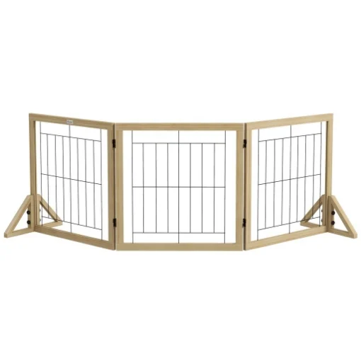CANCELLINO PER CANI PIEGHEVOLE CON 3 PANNELLI E PIEDINI TRIANGOLARI, 210X70 CM, LEGNO NATURALE - MAURY'S
