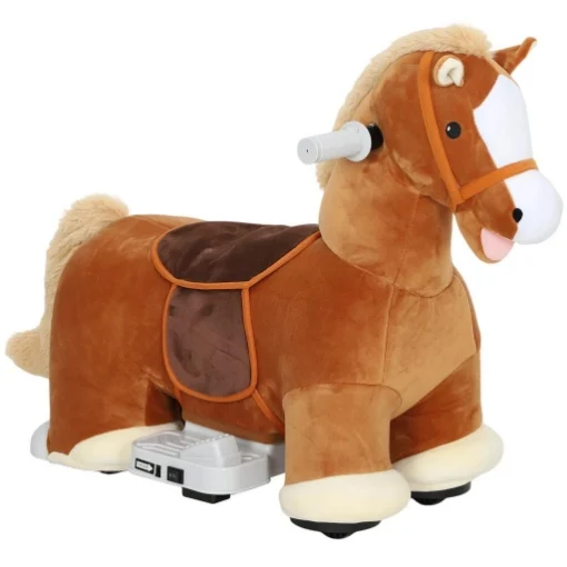 CAVALLO ELETTRICO PER BAMBINI CON PEDALI, ROTELLE E SUONI, IN PELUCHE E METALLO, 74X34X51 CM, MARRONE - MAURY'S