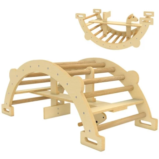 ARCO MONTESSORI IN LEGNO PER BAMBINI 2-4 ANNI CONVERTIBILE IN DONDOLO 110X52X45 CM, COLOR LEGNO