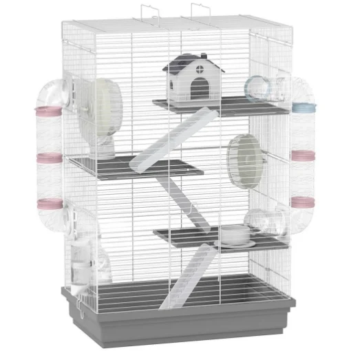 GABBIA PER CRICETI A 4 LIVELLI E 16 TUBI CON CASETTA, RAMPA, E ACCESSORI, IN METALLO E PLASTICA, 47X30X70 CM, GRIGIO - MAURY'S