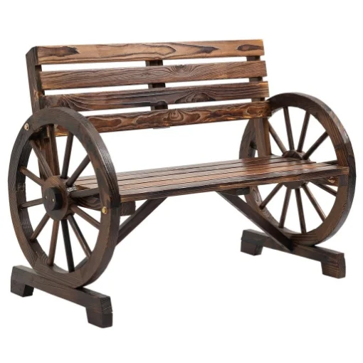 PANCHINA DA GIARDINO 2 POSTI A DOGHE CON BRACCIOLI A RUOTA DI CARRO, IN LEGNO, 105.5X56X79 CM, MARRONE BRUCIATO - MAURY'S