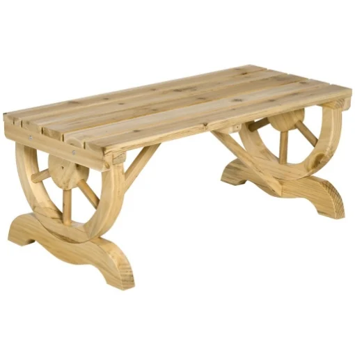 PANCHINA DA GIARDINO 2 POSTI A DOGHE CON GAMBE A RUOTA DI CARRO, IN LEGNO, 98X50X39.5 CM, COLOR LEGNO - MAURY'S