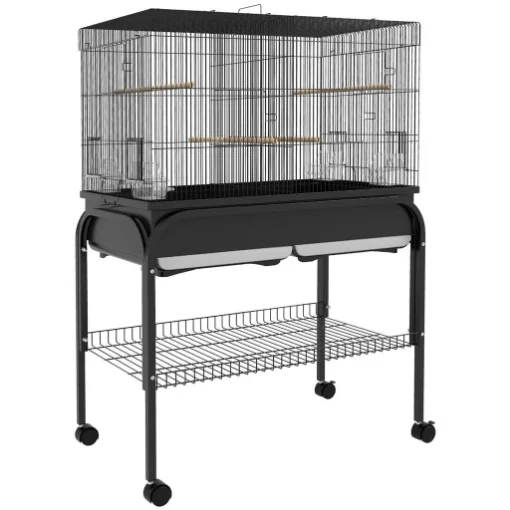 GABBIA PER UCCELLI DA INTERNO CON VASSOIO, RIPIANO E RUOTE CON FRENO, 85X49X119 CM, NERO - MAURY'S
