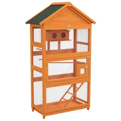 VOLIERA PER UCCELLI A 3 PORTE CON CASETTA, SCALETTA E VASSOIO, IN LEGNO E METALLO, 92X52X171 CM, ARANCIONE E VERDE - MAURY'S