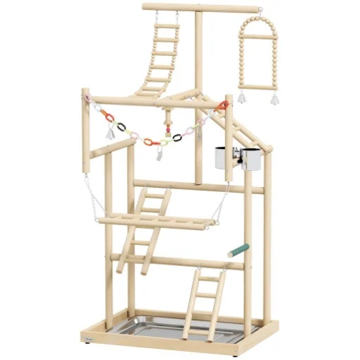 TRESPOLO PER PAPPAGALLI CON GIOCHI, SCALE, CATENE, CIOTOLE, VASSOIO RIMOVIBILE E POSATOI, LEGNO NATURALE - MAURY'S