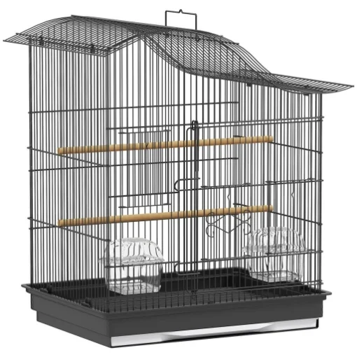 GABBIA PER UCCELLI A 4 PORTE CON 2 CIOTOLE, 2 POSATOI E VASSOIO, IN METALLO E PLASTICA, 47.5X36X54.5 CM, NERO - MAURY'S