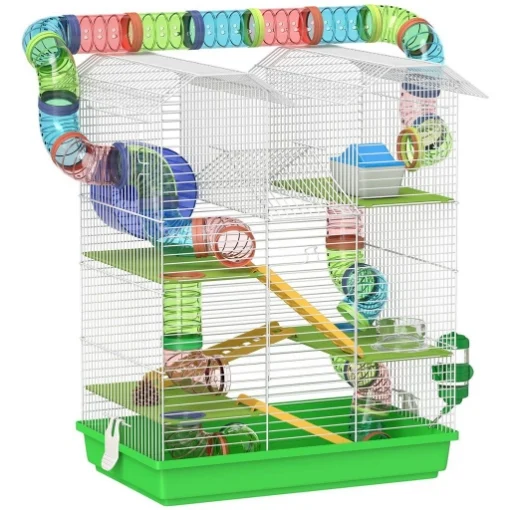 GABBIA PER CRICETI A 5 PIANI CON TUBI COLORATI, RUOTA, CASETTA E ACCESSORI, 47X30X59 CM, VERDE - MAURY'S