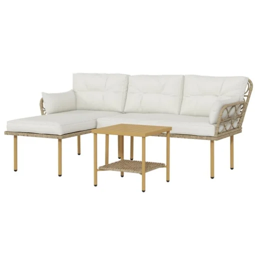 SET DA GIARDINO 3PZ CON CHAISE LONGUE, DIVANETTO, CUSCINI E TAVOLINO, IN RATTAN E ACCIAIO, BIANCO CREMA E LEGNO - MAURY'S