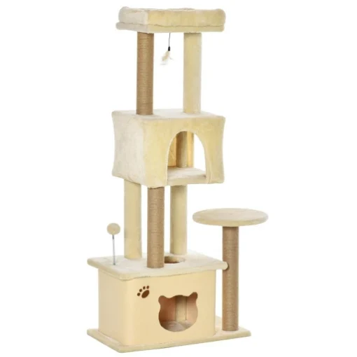 ALBERO TIRAGRAFFI PER GATTI ALTO 136 CM CON CUCCIA RIMOVIBILE, CASETTA E LETTINO, PALI IN IUTA, BEIGE - MAURY'S