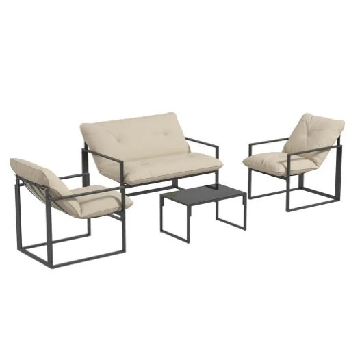 SET DA GIARDINO 4 PEZZI CON DIVANETTO, 2 POLTRONE E TAVOLINO, IN ACCIAIO, POLIESTERE E COTONE PP, BEIGE E GRIGIO - MAURY'S