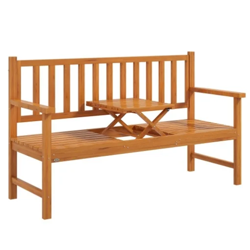 PANCHINA DA GIARDINO CON TAVOLINO CENTRALE SOLLEVABILE E BRACCIOLI, IN LEGNO, 153X56X91 CM, MARRONE CHIARO - MAURY'S