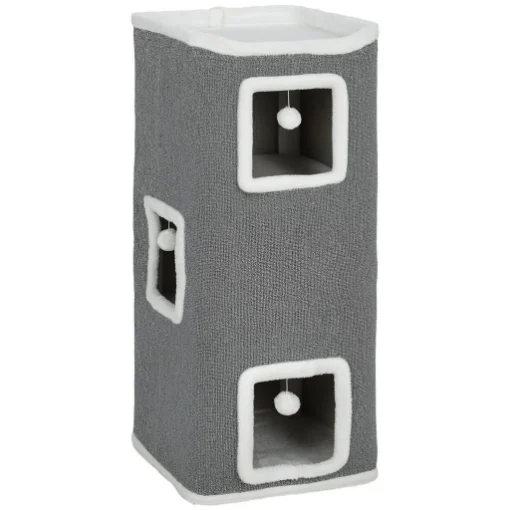 TORRE PER GATTI CON 3 CASETTE, 3 PALLINE E POSATOIO, IN LEGNO, TESSUTO E PELUCHE, 41X41X100 CM, GRIGIO E BIANCO - MAURY'S