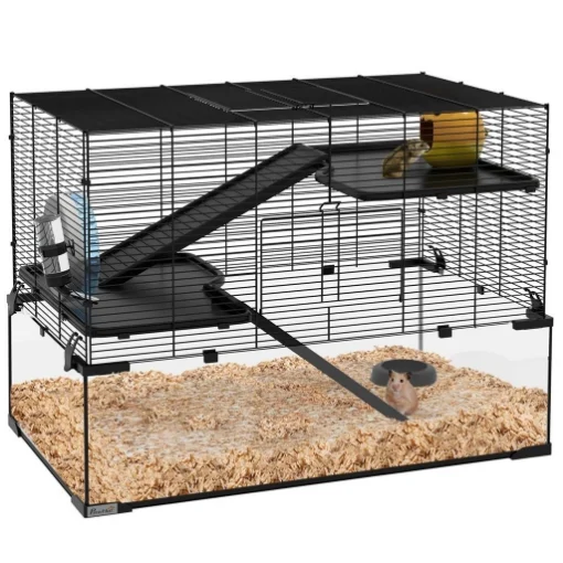 GABBIA PER CRICETI A 3 LIVELLI CON BASE IN VETRO TEMPERATO, RUOTA E ACCESSORI, 76.5X48.5X54.5 CM, NERO - MAURY'S