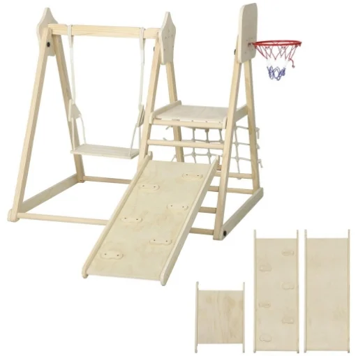 GIOCO ARRAMPICATA 5 IN 1 PIEGHEVOLE CON SCIVOLO, 2 PARETI, ALTALENA E CANESTRO, IN LEGNO, 140X172.5X116.5 CM - MAURY'S