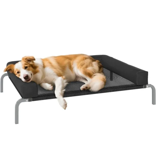 LETTINO PER CANI RIALZATO DI 19.5 CM CON CUSCINO A U, IN POLIESTERE E ACCIAIO, 110X75X30 CM, NERO E ARGENTO - MAURY'S