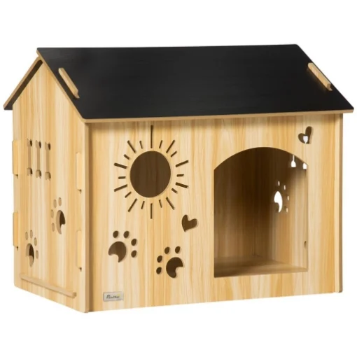 CUCCIA PER CANI DA INTERNO CON STRUTTURA IN LEGNO E APERTURE A FORMA DI ZAMPA, CUORE E OSSA, ROVERE - MAURY'S