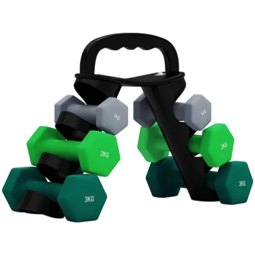 SET 6 MANUBRI PESI (2X1 KG, 2X2 KG, 2X3 KG) DA 12 KG CON SUPPORTO/KETTLEBELL, IN METALLO E PLASTICA MULTICOLORE - MAURY'S
