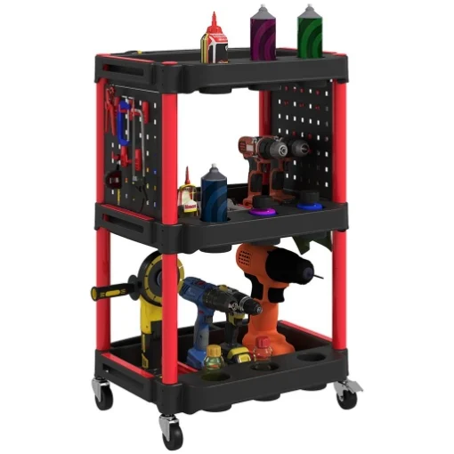 CARRELLO PORTA ATTREZZI A 3 LIVELLI IN PLASTICA CON PANNELLO FORATO LATERALE, NERO E ROSSO - MAURY'S