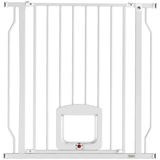 CANCELLO PER CANI E GATTI ESTENSIBILE CON GATTAIOLA INTEGRATA, IN ACCIAIO E ABS, 75-85X2X76 CM, BIANCO