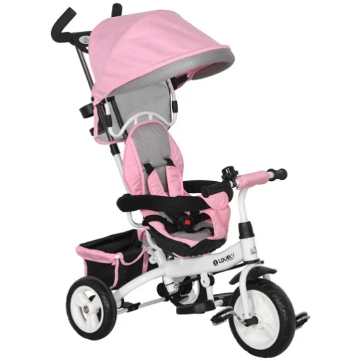 TRICICLO PER BAMBINI CON MANIGLIONE 6 IN 1, TETTUCCIO REGOLABILE E CINTURA DI SICUREZZA, ETÓ 1-5 ANNI, ROSA