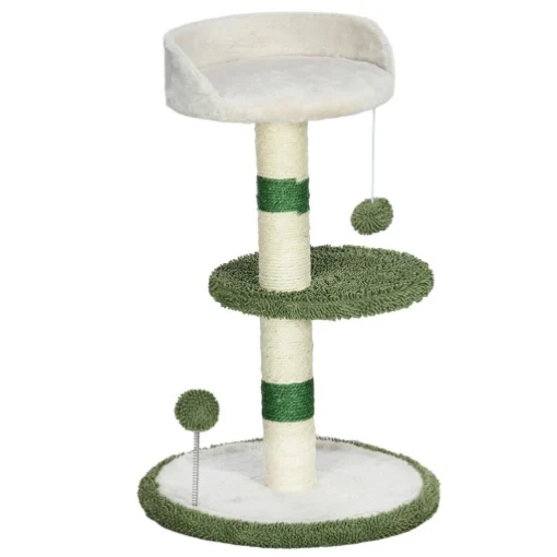 ALBERO TIRAGRAFFI CON LETTINO PER GATTI, 2 PALLINE, PIATTAFORMA E PALO IN SISAL, VERDE E BIANCO - MAURY'S