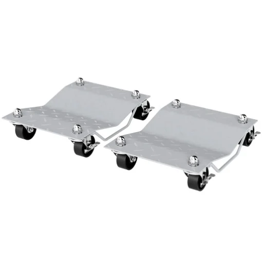 SET DI 2 CARRELLI SPOSTA AUTO IN METALLO ANTISCIVOLO CON RUOTE GIREVOLI E BLOCCABILI, ARGENTO - MAURY'S