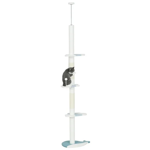 ALBERO TIRAGRAFFI PER GATTI A SOFFITTO CON PALO REGOLABILE DA 225-255 CM, PALLINA E PIATTAFORME, BIANCO