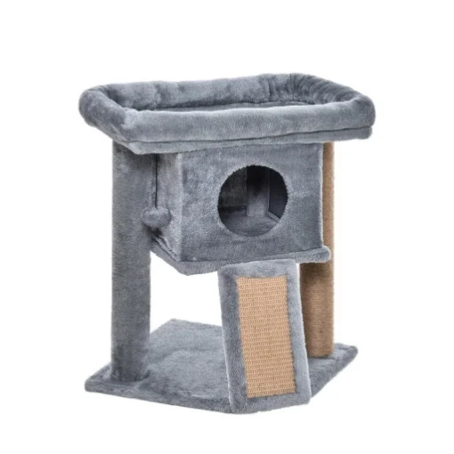 ALBERO PER GATTI CON CASETTA PER GATTI E LETTINO IN PELUCHE, TIRAGRAFFI IN JUTA E PALLINA, GRIGIO - MAURY'S