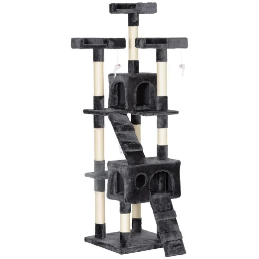 ALBERO TIRAGRAFFI PER GATTI CON 3 POSATOI, 2 CASETTE E GIOCHI APPESI, IN LEGNO E PELUCHE, 49X49X173 CM, GRIGIO - MAURY'S