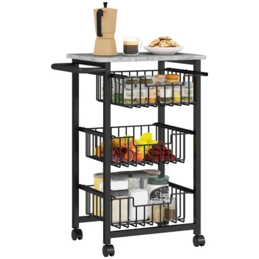 CARRELLO DA CUCINA A 3 CESTELLI CON MANIGLIA, IN ACCIAIO E LEGNO, 49.5X31X69 CM, NERO E GRIGIO CHIARO - MAURY'S