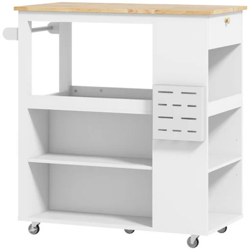 CARRELLO ISOLA DA CUCINA CON RIPIANI REGOLABILI, PORTACOLTELLI E PIANO IN LEGNO, 86.5X47X88 CM, BIANCO - MAURY'S
