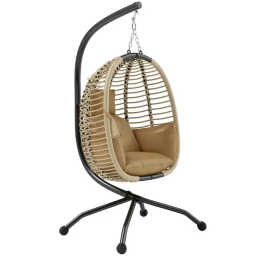POLTRONA SOSPESA CON CUSCINO IMBOTTITO, SEDUTA PIEGHEVOLE E STRUTTURA IN ACCIAIO E CORDA, BEIGE - MAURY'S