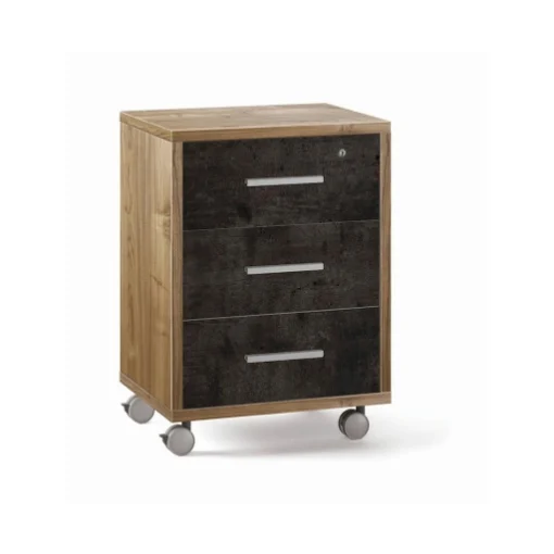 CASSETTIERA DA UFFICIO IN LEGNO CON 3 CASSETTI, 4 RUOTE E BLOCCO 71X51X41 CM COLORE NOCE E OSSIDO NERO - MAURY'S