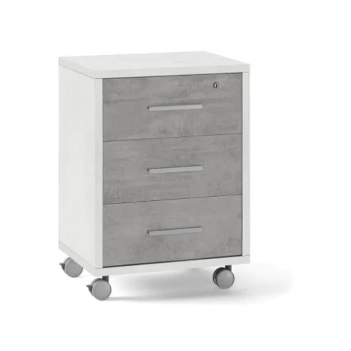 CASSETTIERA DA UFFICIO IN LEGNO CON 3 CASSETTI, 4 RUOTE E BLOCCO 71X51X41 CM COLORE OSSIDO BIANCO E CEMENTO - MAURY'S