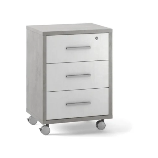CASSETTIERA DA UFFICIO IN LEGNO CON 3 CASSETTI, 4 RUOTE E BLOCCO 71X51X41 CM COLORE CEMENTO E OSSIDO BIANCO - MAURY'S