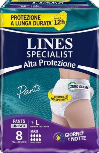 PANTS LINES SPECIALIST ASSORBENTI UNISEX IPOALLERGENICI PER INCONTINENZA GIORNO E NOTTE , TAGLIA L 8PZ