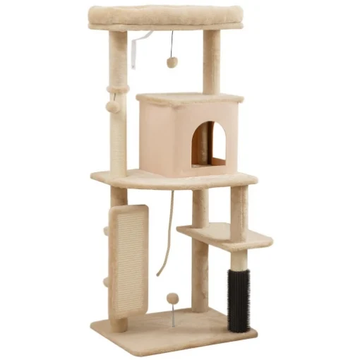 ALBERO PER GATTI MULTILIVELLO ALTO 132 CM CON CASETTA, LETTINO, PALI TIRAGRAFFI, SPAZZOLA E PALLINA, BEIGE - MAURY'S