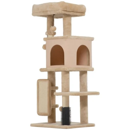 ALBERO PER GATTI MULTILIVELLO ALTO 104 CM CON CASETTA, LETTINO, PALI TIRAGRAFFI, SPAZZOLA E PALLINA, BEIGE - MAURY'S