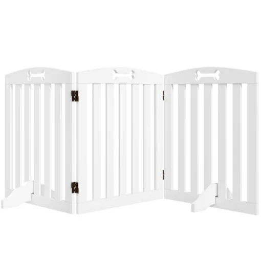 CANCELLINO PER CANI PIEGHEVOLE A 3 PANNELLI CON 2 SUPPORTI, IN LEGNO BIANCO, 155X30X61 CM - MAURY'S