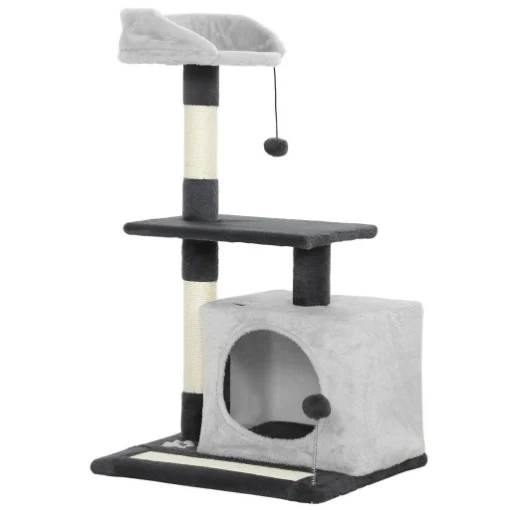 ALBERO TIRAGRAFFI PER GATTI ALTO 85 CM CON CASETTA, LETTINO, PALI E TAPPETINO TIRAGRAFFI, GRIGIO - MAURY'S