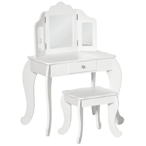 TAVOLO DA TRUCCO PER BAMBINI CON SGABELLO E TRIPLO SPECCHIO, IN LEGNO E ACRILICO, 63X40X85.5 CM, BIANCO - MAURY'S