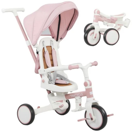 TRICICLO PER BAMBINI 5 IN 1 CON MANIGLIONE DI SPINTA E COPERTURA RIMOVIBILE, 96.5X49X101 CM, ROSA - MAURY'S
