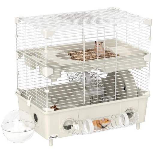 GABBIA PER CRICETI A 2 LIVELLI E 3 PORTE CON RUOTA E TUBI, IN ACCIAIO, PS E PP, 44.5X28X44 CM, CREMA E BIANCO - MAURY'S