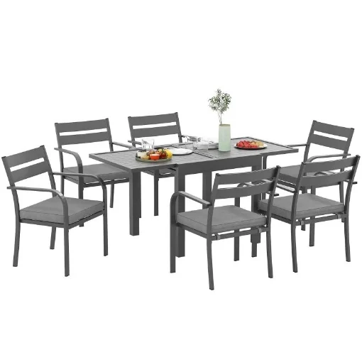 SET DA GIARDINO CON TAVOLO ALLUNGABILE E 6 SEDIE IMPILABILI CON CUSCINI GRIGIO - MAURY'S