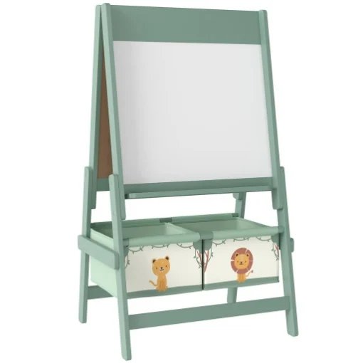 LAVAGNA PER BAMBINI 3 IN 1 CON CAVALLETTO, ROTOLO DI CARTA E 2 CESTELLI, IN LEGNO, 54X46X94 CM, VERDE - MAURY'S